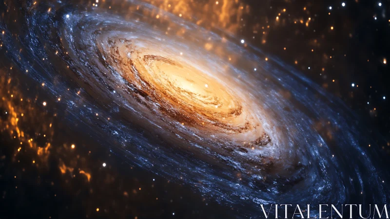 Spiral galaxy core in luminous blue and gold nebular halo.