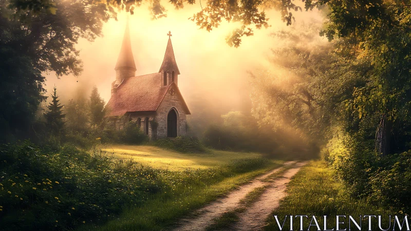 Sunlit forest chapel stands in a dreamy golden morning haze