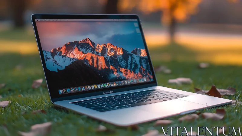 Laptop computer rests on grass with landscape screen image