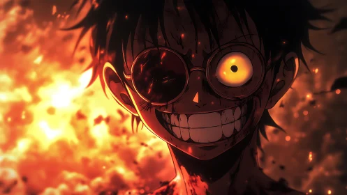 Burning-eyed antihero grins through swirling inferno blaze.