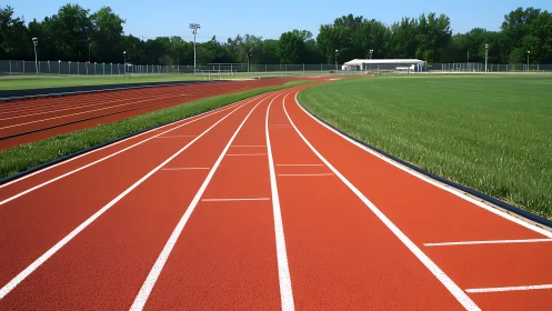 Outdoor running track curves beside green sports field.