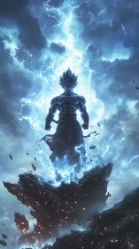 Lightning-charged warrior ascends above shattered rock