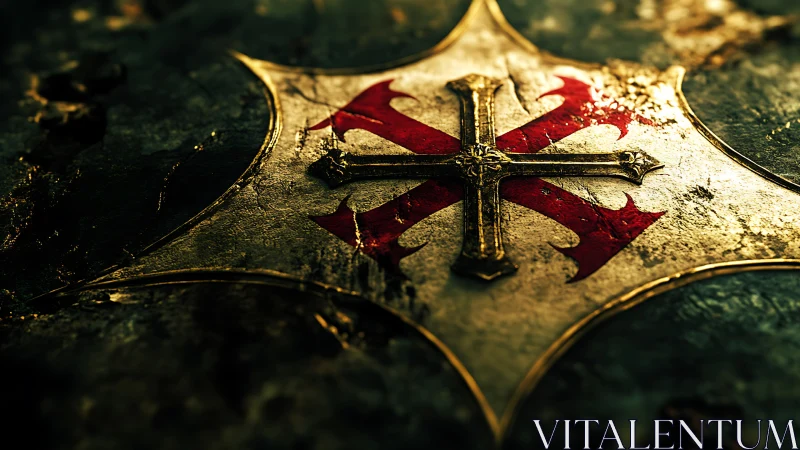 Metallic heraldic cross emblem lies weathered on textured surface