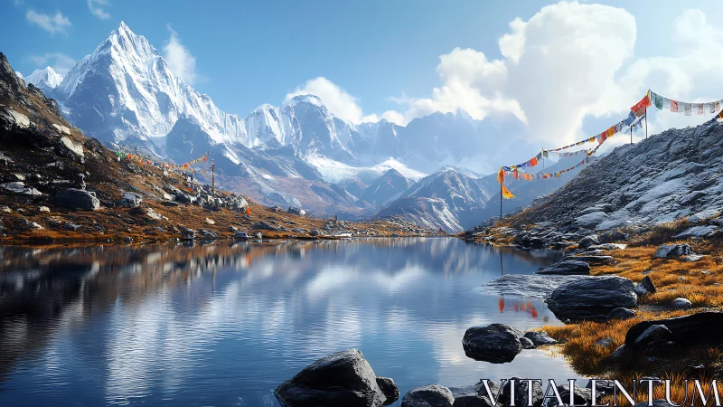 High-altitude glacial lake reflects snow-capped Himalayan ridge