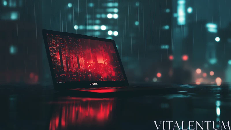 Neon rain laptop dreaming in crimson cyber city glow.