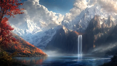 Majestic alpine lake with cascading waterfall and autumn ridge.