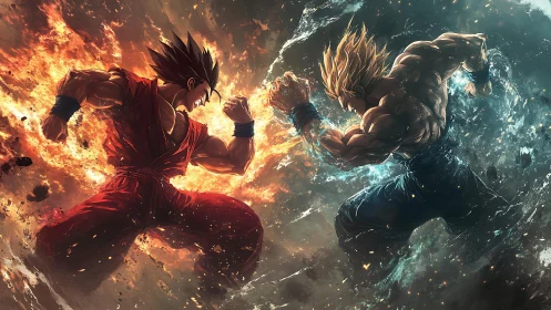 Elemental warriors colliding in fiery water-splitting duel.