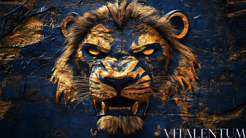 Midnight gold lion roaring from textured stone.