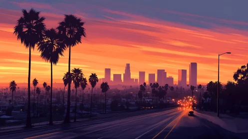 Sunset city skyline with palm-lined boulevard and lights.