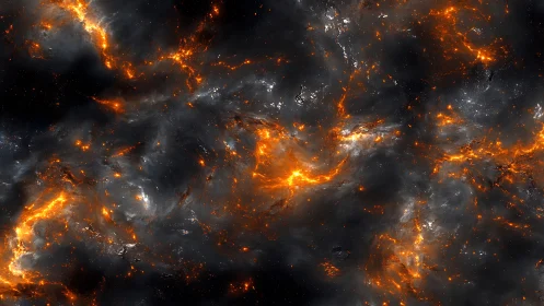 Volcanic nebula clouds glow with dense fiery filaments