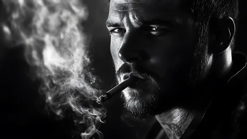 Moody portrait of a thoughtful smoker in drifting smoke.