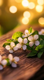 Small White Flowers on Weathered Wood With Bokeh Background.