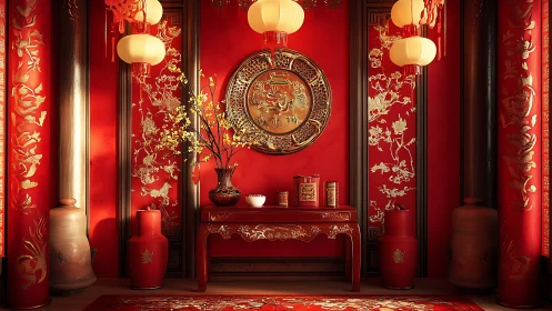 Red Chinese interior with gold altar and hanging lanterns.