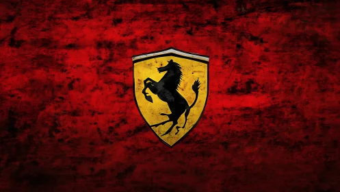 Shield emblem with horse symbol centered on red textured field
