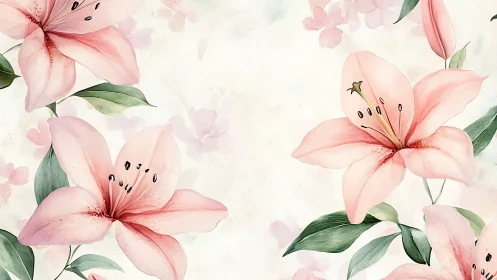 Soft watercolor lilies with pastel petals and layered foliage