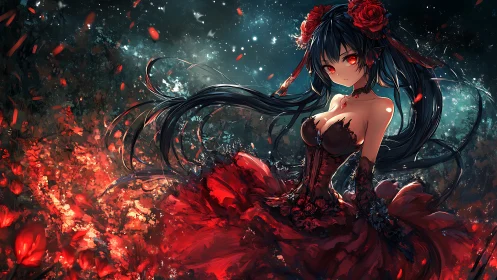 Midnight rose enchantress in a swirling crimson dreamscape.
