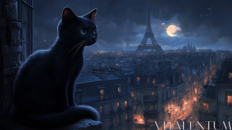 Nocturnal Urban Feline: Atmospheric Digital Rendering of Black Cat Overlooking Parisian Cityscape