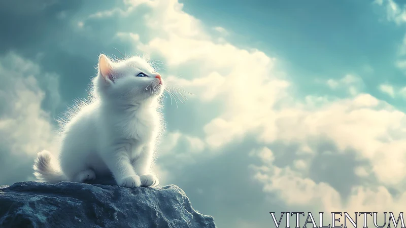 A snowy white kitten gazes upward from its rocky perch into a dreamy sky.