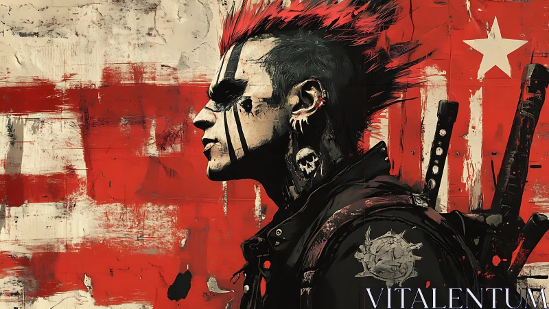 Punk warrior profile cuts silhouette against red battle flag