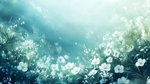 Ethereal White Flowers Dancing Through Soft Turquoise Light