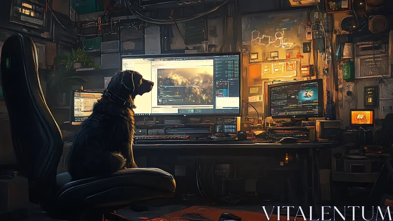 Canine operator in multi-monitor cybernetic command studio.