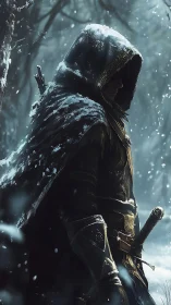 Snow‑cloaked ranger stalking silence in a frozen forest.
