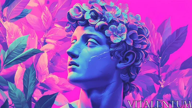 Classical bust in neon foliage with floral crown detail.