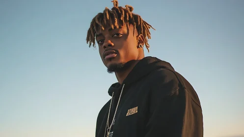 Young man in black hoodie under clear evening sky.