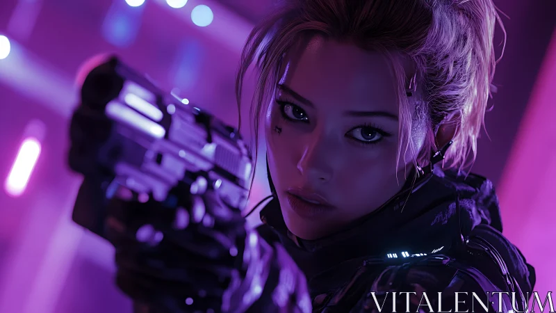Cybernetic operative aiming pistol in neon environment.