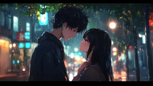 Neon rain hangs quiet as two shy hearts learn to glow