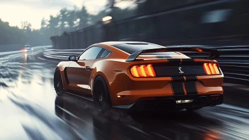 Orange muscle car drifting through wet racetrack at dusk.