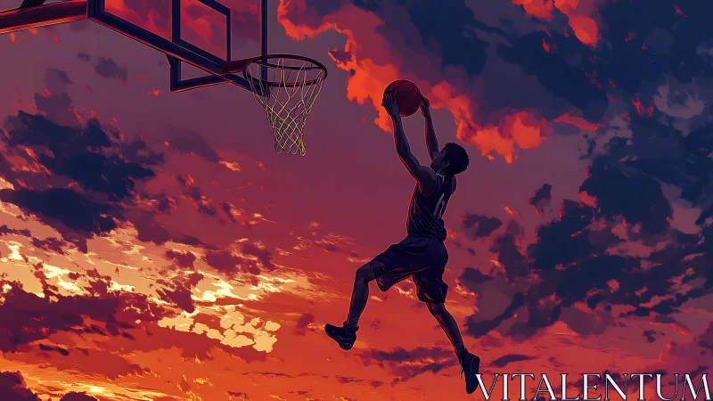Basketball player dunks against vivid red and blue sunset sky