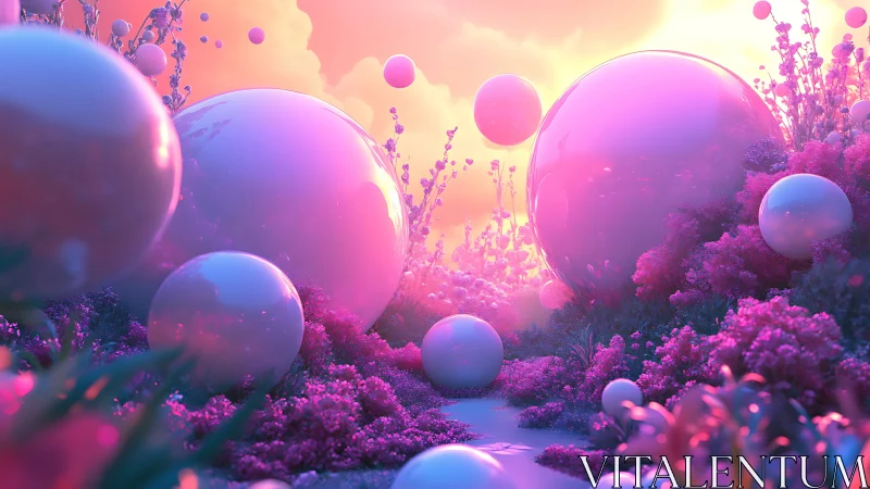 Glowing pastel spheres drift through a dreamy alien garden