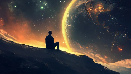 Stargazing drifter pondering a blazing cosmic earthrise.