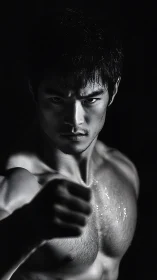 Male fighter extends fist in low-key monochrome lighting