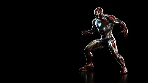 Red chrome exosuit warrior in dynamic three-quarter combat pose