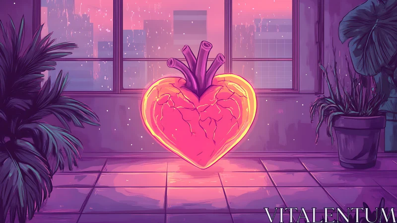 Neon heart sanctuary glowing in a twilight city loft.