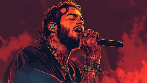 Digital portrait singer performing with mic on red stage.