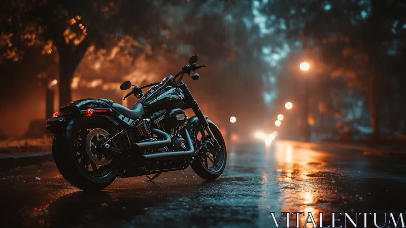Black motorcycle on wet city street at dusk in rain.