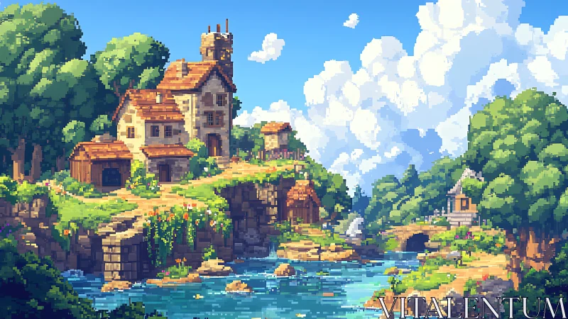Pixel art fantasy village with castle structure over river landscape