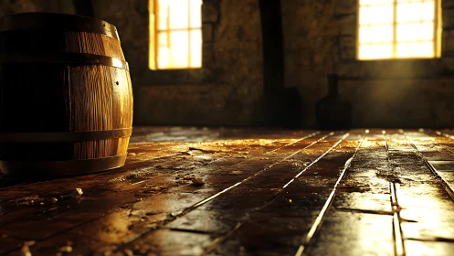 Sunlit wooden barrel on wet planks in rustic interior.