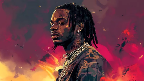 Neon ember portrait of a defiant rapper in molten dusk storm.