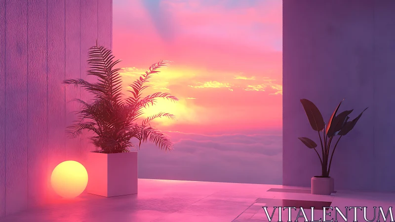 Sunset-lit minimalist terrace renders atmospheric neon glow