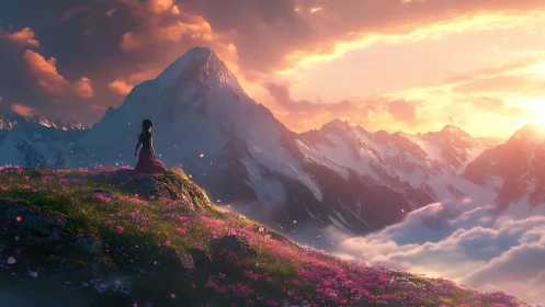 Solitary figure on alpine wildflower ridge at radiant sunset