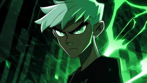 White-haired cartoon boy with glowing green energy aura.