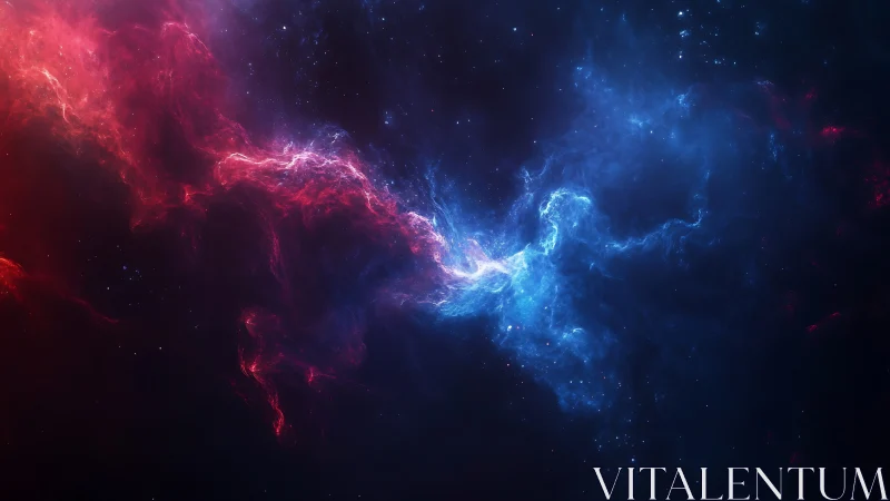 Gentle cosmic nebula where red and blue light softly meet.