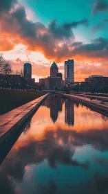 City skyline reflected symmetrically in canal at sunset
