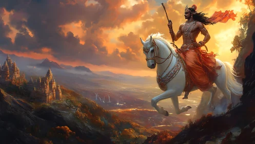 Mythic warrior on jeweled steed above temple valley at dusk.