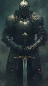 Stoic armored knight standing guard with a gleaming sword.