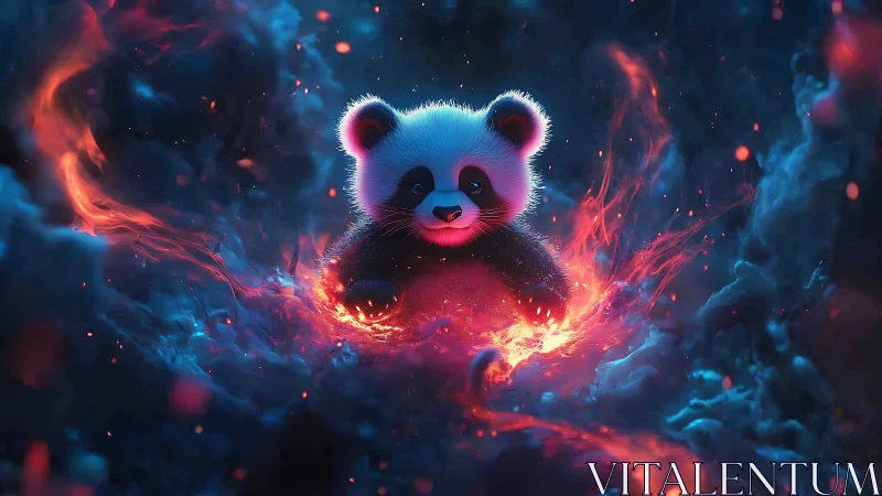Cosmic baby panda amid glowing embers and neon haze.